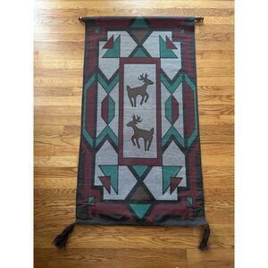 Vintage Deer Buck Scene Tapestry Rug Wall Hanging MCM Cabin 49X28 inches Panel